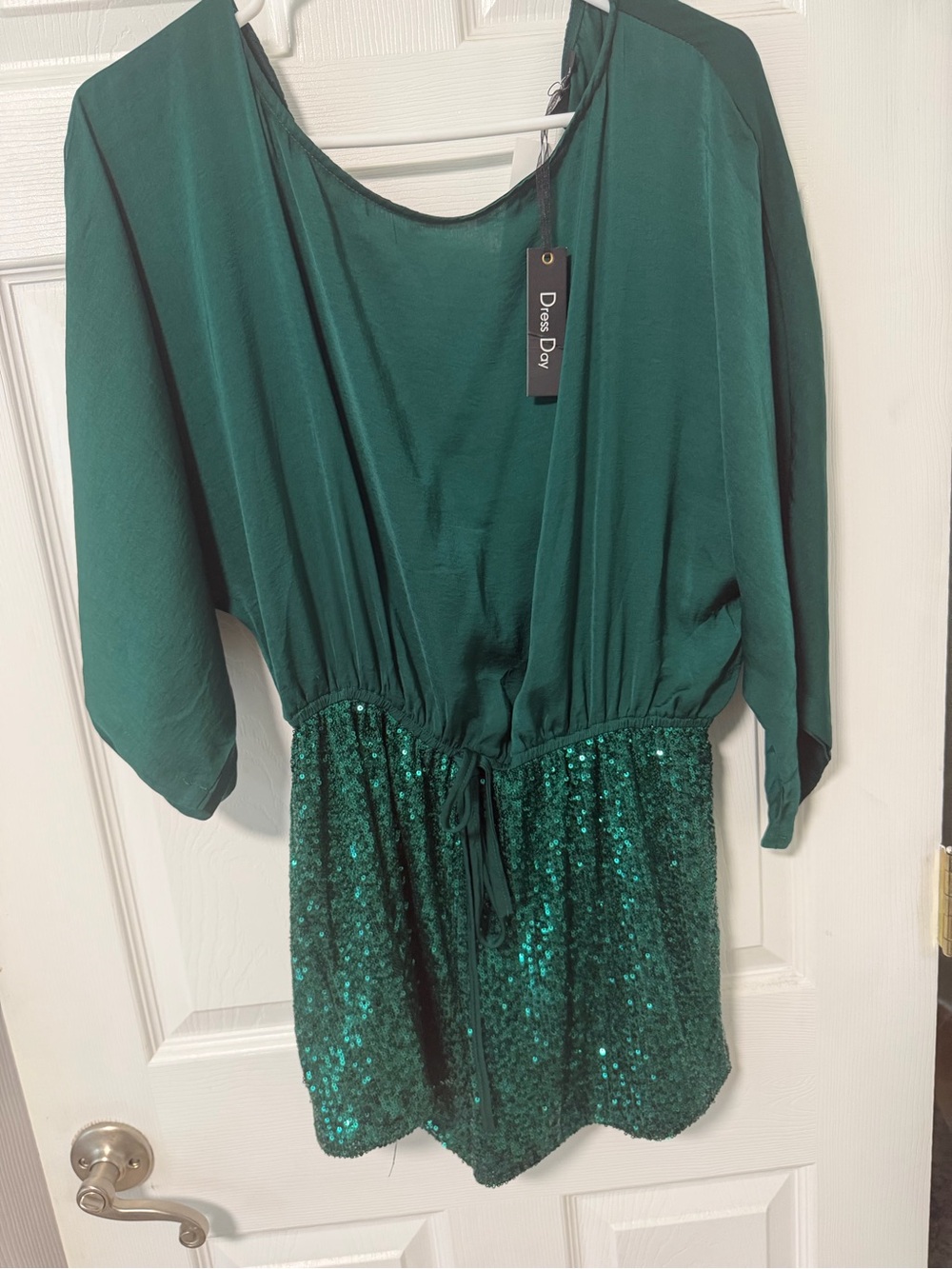 Dress Day Women's Emerald Green Sequin Waist-Tie Blouse